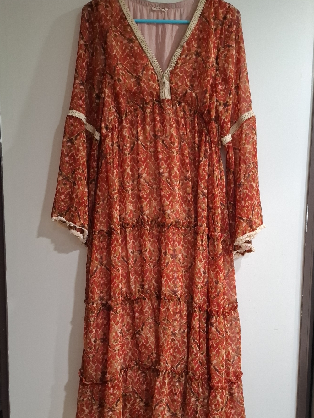 Talisman Floral Rust Orange Tiered Maxi Dress with Lace Trim